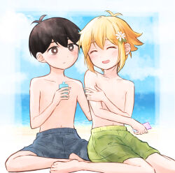  2boys applying_sunscreen basil_(faraway)_(omori) basil_(omori) black_eyes black_hair blonde_hair blush closed_eyes closed_mouth collarbone flower hair_flower hair_ornament highres looking_at_another lotion male_focus male_swimwear multiple_boys navel nipples omori open_mouth segue5o short_hair sitting smile sunny_(omori) sunscreen swim_trunks topless_male wariza yaoi 