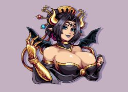  bare_shoulders bat_tattoo bat_wings black_hair blue_eyes bobby_pin breasts claws cleavage demon demon_girl demon_wings digimoji digimon digimon_(creature) dih_pixels eyeshadow facial_mark fallen_angel female forehead_mark forehead_tattoo hair_ornament horns large_breasts lilithmon looking_at_viewer makeup mole piercing pixel_art pointy_ears purple_eyeshadow purple_lips short_hair smile solo tattoo wing_piercing wings 