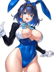  alternate_costume animal_ears areola_slip ass_visible_through_thighs black_sleeves blue_bow blue_bowtie blue_eyes blue_hair blue_leotard blush bow bowtie breasts chain_headband chains choker cleavage cleavage_cutout clothing_cutout collarbone collared_leotard colored_inner_hair commentary covered_navel earrings english_commentary fake_animal_ears fanged_bangs female gloves hair_between_eyes hair_intakes hair_ornament heart-shaped_gem highleg highleg_leotard highres hololive hololive_english jacket jewelry large_breasts leotard long_sleeves looking_at_viewer multicolored_hair oerba_yun_fang open_mouth ouro_kronii playboy_bunny rabbit_ears rabbit_tail ribbon_earrings short_hair simple_background skin_fang skylock smile solo tail thighs virtual_youtuber white_background white_gloves wrist_cuffs 