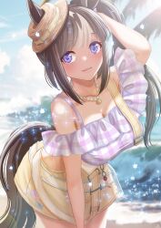  alternate_costume alternate_hairstyle arms_behind_back beach black_hair blue_sky blunt_bangs blush breasts collarbone commentary_request day ears_through_headwear female hair_ornament highres hokko_tarumae_(pastel_marine_locadol)_(umamusume) hokko_tarumae_(umamusume) horse_girl jewelry lips long_hair looking_at_viewer medium_breasts necklace ocean otono_(bkt4b) outdoors purple_eyes sand side_ponytail sky solo sparkle umamusume water wet 