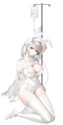  absurdres animal_ears arm_up between_breasts breasts cleavage commentary_request covered_mouth covered_navel digital_thermometer elbow_gloves fake_animal_ears female gloves grey_hair hair_between_eyes hairband haori_io head_tilt highleg highleg_leotard highres holding intravenous_drip iv_stand kneeling large_breasts leotard long_hair looking_at_viewer mask mole mole_under_eye mouth_mask nurse original puffy_short_sleeves puffy_sleeves rabbit_ears red_eyes sandals short_sleeves shrug_(clothing) simple_background solo thermometer thighhighs very_long_hair white_background white_footwear white_gloves white_hairband white_leotard white_mask white_thighhighs 