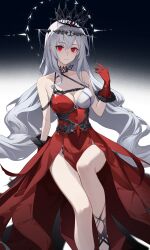  2sankta absurdres arknights bare_shoulders breasts cleavage closed_mouth collarbone crown dress feet_out_of_frame female gloves grey_hair hair_between_eyes halter_dress halterneck hand_up highres light_smile long_hair looking_at_viewer medium_breasts official_alternate_costume pelvic_curtain red_dress red_eyes red_gloves side_slit sitting skadi_(arknights) skadi_the_corrupting_heart_(arknights) skadi_the_corrupting_heart_(red_countress)_(arknights) solo strap 