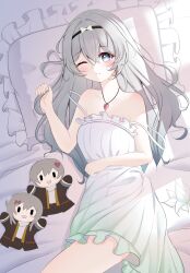  bare_shoulders bed_sheet blush breasts caelus_(honkai:_star_rail) character_doll closed_mouth cowboy_shot dress female firefly_(honkai:_star_rail) gradient_clothes gradient_dress grey_hair hair_between_eyes hair_intakes hand_in_own_hair highres honkai:_star_rail honkai_(series) jewelry knosdeba long_hair looking_at_viewer lying medium_breasts necklace on_bed one_eye_closed pillow sleeveless sleeveless_dress smile stelle_(honkai:_star_rail) strap_slip trailblazer_(honkai:_star_rail) two-tone_eyes white_dress 