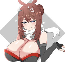  animal_ears bare_shoulders blue_eyes breasts brown_hair commentary_request detached_sleeves female gloves grey_background hair_between_eyes hair_ornament heart highres horse_ears horse_girl horse_tail japanese_clothes large_breasts looking_at_viewer ninja official_alternate_costume official_alternate_hairstyle ponytail rad_(gggjjj) scarf simple_background smile solo spoken_heart super_creek_(umamusume) tail umamusume upper_body 