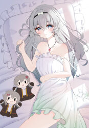  absurdres bare_shoulders bed_sheet blush breasts caelus_(honkai:_star_rail) character_doll closed_mouth cowboy_shot dress female firefly_(honkai:_star_rail) gradient_clothes gradient_dress grey_hair hair_between_eyes hair_intakes hand_in_own_hair highres honkai:_star_rail honkai_(series) jewelry knosdeba long_hair looking_at_viewer lying medium_breasts necklace on_bed pillow sleeveless sleeveless_dress smile stelle_(honkai:_star_rail) strap_slip trailblazer_(honkai:_star_rail) two-tone_eyes white_dress 