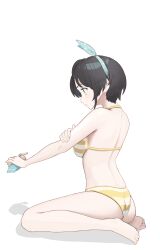  applying_sunscreen ass back barefoot bikini black_hair bow bow_hairband breasts closed_mouth commentary_request feet female full_body hairband hairbow halterneck highres hololive legs median_furrow medium_breasts official_alternate_costume oozora_subaru oozora_subaru_(hololive_summer_2019) outstretched_arm polka_dot_hairband short_hair simple_background sitting solo striped_bikini striped_clothes swimsuit taachika toenails toes virtual_youtuber wariza white_background yellow_bikini 