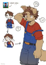  anthro biped brown_body brown_fur brown_hair canid canine canis clothed clothing domestic_dog eyebrows fingers floppy_ears fur hair hi_res human human_to_anthro kemono male mammal milkytiger1145 question_mark solo species_transformation stardew_valley tail transformation 