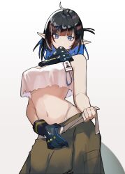  222sansi adjusting_belt arknights bare_shoulders belt black_gloves black_hair blue_eyes blue_hair bright_pupils colored_inner_hair contrapposto cowboy_shot crop_top crop_top_overhang cropped_shirt eunectes_(arknights) eunectes_(forgemaster)_(arknights) eyes_visible_through_hair female gloves gradient_background grey_background grey_belt highleg highres looking_at_viewer medium_hair midriff mouth_hold multicolored_hair navel official_alternate_costume one-hour_drawing_challenge pointy_ears shirt single_glove sleeveless sleeveless_shirt solo standing torn_clothes torn_shirt white_background white_pupils white_shirt 