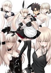  1boy absurdres animal_ears apron artoria_pendragon_(alter_swimsuit_rider)_(fate) artoria_pendragon_(alter_swimsuit_rider)_(second_ascension)_(fate) artoria_pendragon_(fate) bare_shoulders bikini black_bikini black_camisole black_dress black_leotard black_thighhighs blonde_hair blue_eyes breasts camisole carrying detached_collar dress fake_animal_ears fate/grand_order fate_(series) female fujimaru_ritsuka_(male) full_body highres leotard long_hair longdq3008 looking_at_viewer low_ponytail maid_headdress medium_breasts multiple_views playboy_bunny princess_carry rabbit_ears saber_alter saber_alter_(ver._shinjuku_1999)_(fate) short_hair sidelocks swimsuit thighhighs tuxedo twintails waist_apron white_dress yellow_eyes 