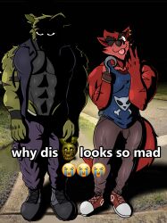  abs absurd_res angry anthro canid canine clothed clothing dg254 digital_media_(artwork) duo eye_patch eyewear five_nights_at_freddy&#039;s five_nights_at_freddy&#039;s_3 fox foxy_(fnaf) fur hair hi_res hook humanoid lagomorph leporid male mammal meme muscular muscular_anthro muscular_male pecs rabbit scottgames shadow_face springtrap_(fnaf) text tongue 