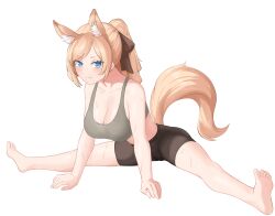  animal_ear_fluff animal_ears arknights bare_shoulders barefoot black_shorts blonde_hair blue_eyes blush bow breasts bright_pupils brown_bow chinese_commentary cleavage closed_mouth collarbone commentary_request feet female full_body grey_sports_bra hairbow highres large_breasts looking_at_viewer medium_hair neti_(cpu11151) oerba_yun_fang ponytail shorts simple_background skin_fang smile soles solo split_mouth sports_bra stretching sweat tail toes whislash_(arknights) white_background white_pupils yellow_tail 