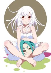  2girls bare_shoulders barefoot blush dress feet full_body gesugesu_ahoaho green_eyes green_hair indian_style looking_at_viewer monogatari_(series) multiple_girls ononoki_yotsugi red_eyes sengoku_nadeko severed_head sitting smile snake_hair toes white_dress white_hair 