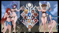  6+girls absurdres angel_wings animal_ears ball bikini black_bikini black_hair black_skin blindfold blonde_hair blue_hair braid breasts brown_hair character_select clenched_hands colored_skin commentary cowboy_hat dark-skinned_female dark_skin day english_commentary eyewear_on_head flower gradient_hair grey_hair hair_between_eyes halo hand_on_own_hip hat hat_flower highres large_breasts less long_braid long_hair medium_breasts micro_shorts multicolored_hair multiple_girls navel o-ring o-ring_bikini one-piece_swimsuit original outdoors pointy_ears purple-tinted_eyewear rabbit_ears rabbit_girl rabbit_tail red_hair round_eyewear sarong short_hair shorts straw_hat sunglasses swimsuit tail tentacle tinted_eyewear two-tone_hair very_long_hair volleyball_(object) vs white_hair wings 