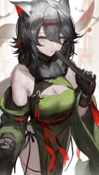  :o animal_ears arigiep black_gloves black_hair breasts cat_ears cleavage commentary_request detached_sleeves eyeliner female folding_fan gloves green_sleeves grey_eyes hand_fan highres holding holding_fan japanese_clothes looking_at_viewer makeup medium_breasts medium_hair monster_hunter_(series) nargacuga pale_skin personification red_eyeliner red_ribbon ribbon solo tassel teeth upper_teeth_only 