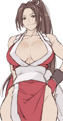  bare_shoulders breasts brown_eyes brown_hair cleavage fatal_fury female hand_on_own_hip japanese_clothes large_breasts looking_at_viewer ninja no_bra parted_bangs ponytail sash shiranui_mai side_slit smile white_background white_sash yasunososaku 