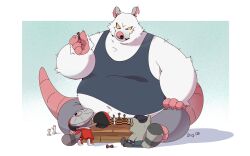  2024 absurd_res american_opossum anthro belly big_belly bottomwear breeze_in_the_clouds camo_(breeze_in_the_clouds) chess chess_piece clothing grey_body group hi_res lid_kid_(breeze_in_the_clouds) male mammal marsupial overweight overweight_male pants procyonid raccoon riisago shirt shorty_(breeze_in_the_clouds) sitting size_difference topwear 