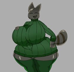  2024 aliasing anthro belly big_breasts breasts closed_eyes clothed clothing digital_media_(artwork) domestic_cat felid feline felis female fingers fully_clothed green_clothing green_legwear green_stockings green_sweater green_thigh_highs green_topwear grey_background grey_body grey_tongue hand_on_breast hand_on_hip happy hi_res huge_breasts huge_hips huge_thighs legwear leirnabs mammal markings open_mouth open_smile outline portrait simple_background slightly_chubby slime_(slime_rancher) slime_rancher smile solo standing stockings striped_markings striped_tail stripes sweater tabby_slime tail tail_markings thick_thighs thigh_highs three-quarter_portrait three-quarter_view tongue topwear white_outline wide_hips 