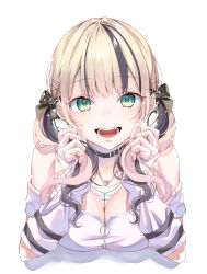  :d absurdres bare_shoulders black_bow black_collar black_hair blonde_hair bow breasts bunching_hair cleavage collar cross cross_necklace detached_sleeves ear_chain earclip earrings female green_eyes hair_ornament hairbow hairclip heart heart_hair_ornament highres jewelry kanda_chitose kurumi_noah kurumi_noah_(5th_costume) large_breasts long_hair looking_at_viewer multicolored_hair necklace simple_background smile solo strapless streaked_hair teeth tongue tube_top twintails upper_body virtual_youtuber vspo! white_background white_tube_top x_hair_ornament zipper_pull_tab 