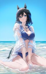  animal_ears beach bikini black_hair blue_bikini blue_eyes blue_sky breasts closed_mouth collarbone commentary_request day eishin_flash_(reines_plaetschern)_(umamusume) eishin_flash_(umamusume) female hair_between_eyes highres horse_ears horse_girl horse_tail jacket jewelry large_breasts legs looking_at_viewer medium_hair nabe_puyo necklace ocean official_alternate_costume outdoors sitting sky smile solo swimsuit tail thighs umamusume wet wet_jacket white_jacket 