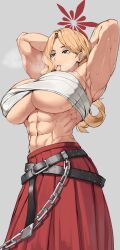  abs akemi_(blue_archive) biceps blue_archive breasts chest_sarashi crossed_belts delinquent female fluffy_hair halo highres large_breasts long_hair mole mole_under_eye muscular muscular_female navel red_halo red_skirt sarashi simple_background skirt solo soolee040995 sukeban 