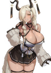  absurdres azur_lane bare_shoulders blonde_hair braid breasts brown_horns brown_skirt cleavage collarbone cowboy_shot dark-skinned_female dark_skin earrings female fishnet_gloves fishnets gloves grin hair_over_one_eye highres horns huge_breasts jewelry large_horns long_hair long_sleeves looking_at_viewer mole mole_under_mouth owari_(azur_lane) pleated_skirt skirt smile solo twin_braids very_long_hair yako_(origami) yellow_eyes zettai_ryouiki 