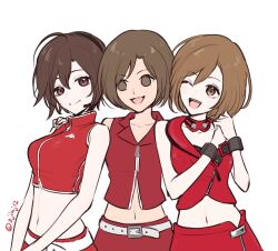  3girls bare_arms belt brown_eyes brown_hair closed_mouth collarbone commentary cropped_jacket detached_collar flat_color girl_sandwich hands_on_another&#039;s_shoulders hariikei jacket lapels looking_at_another looking_at_viewer meiko_(vocaloid) meiko_(vocaloid3) midriff multiple_girls multiple_persona navel one_eye_closed open_mouth project_diva_(series) red_jacket red_skirt sandwiched short_hair skirt smile tan twitter_username upper_body vocaloid white_background wrist_cuffs 