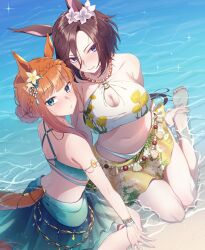  2girls absurdres air_groove_(seaside_bloom)_(umamusume) air_groove_(umamusume) animal_ears bare_shoulders barefoot bikini bracelet braid brown_hair closed_mouth commentary_request flower green_bikini green_eyes hair_flower hair_ornament highres horizon horse_ears horse_girl horse_tail jewelry long_hair looking_at_viewer multiple_girls navel necklace orange_hair outdoors purple_eyes sarong short_hair silence_suzuka_(emerald_on_the_waves)_(umamusume) silence_suzuka_(umamusume) sitting smile stomach sugamo_(rainysnowy108) swimsuit tail tail_through_clothes umamusume water waves wet white_bikini yokozuwari 