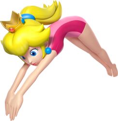  3d barefoot blonde_hair blue_gemstone closed_mouth crown diving earrings feet female full_body gem hair_flaps hair_tie highres jewelry jumping legs legs_together leotard lips lipstick long_hair looking_down makeup mario_&amp;_sonic_(series) mario_&amp;_sonic_at_the_rio_2016_olympic_games mario_(series) mini_crown official_art outstretched_arms own_hands_together pink_leotard pink_lips ponytail princess_peach princess_peach_(gymnastics) red_gemstone sidelocks simple_background solo thighs third-party_source transparent_background two-tone_leotard yellow_crown 