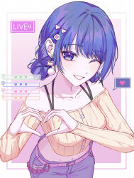  absurdres belt blue_eyes blue_hair blue_pants blunt_bangs blush chase_my_ideal_idol!_(project_sekai) chat_log collarbone commentary earrings female grin hair_bun hair_ornament hairclip heart heart_hair_ornament highres jewelry kiritani_haruka livestream looking_at_viewer milk_by_u navel off-shoulder_sweater off_shoulder official_alternate_costume official_alternate_hairstyle one_eye_closed pants pink_belt pom_pom_(clothes) pom_pom_earrings project_sekai sidelocks smile solo spoken_heart sweater symbol-only_commentary yellow_sweater 