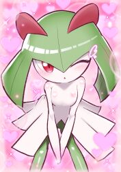  absurdres blush colored_skin green_hair green_skin heart heart_background highres horns kirlia leaning_forward looking_at_viewer multicolored_skin one_eye_closed pink_background pink_eyes pokemon pokemon_(creature) sidelocks torikku_(ymyj5448) two-tone_skin v_arms white_skin 