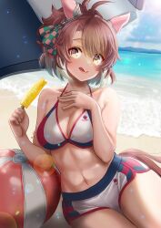  ahoge animal_ears ball beachball bikini blue_sky breasts brown_eyes brown_hair cleavage closed_mouth cloud cloudy_sky collarbone commentary_request dantsu_flame_(umamusume) day ear_covers ear_ornament female food hair_between_eyes hair_ornament highres holding holding_food holding_popsicle horse_ears horse_girl horse_tail large_breasts lens_flare licking_lips looking_at_viewer navel ocean otono_(bkt4b) outdoors popsicle shorts sitting sky solo stomach swimsuit tail tongue tongue_out umamusume wariza white_bikini 