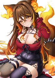  animal_ears blush breasts brown_hair chest_harness cleavage collar cotton_noir female fiery_ears flame-tipped_tail harness highres indie_virtual_youtuber large_breasts looking_at_viewer multicolored_hair orange_eyes orange_fire sinder_(vtuber) sinder_(vtuber)_(3rd_costume) sitting smile solo spiked_belt streaked_hair tail tail_belt thighhighs virtual_youtuber wolf_ears wolf_girl wolf_tail zipper_skirt 