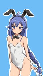  ahoge animal_ears arbydigital armpits ass_visible_through_thighs black_bow black_bowtie black_leotard blue_background blue_eyes blue_hair blush bow bowtie braid breasts closed_mouth collar fake_animal_ears feet_out_of_frame female groin hair_between_eyes highleg highleg_leotard highres leotard long_hair looking_at_viewer mushoku_tensei playboy_bunny rabbit_ears roxy_migurdia simple_background small_breasts solo twin_braids very_long_hair white_collar white_wrist_cuffs wrist_cuffs 