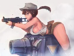  aiming breasts brown_hair brown_shorts closed_mouth commentary_request crop_top feet_out_of_frame female finger_on_trigger fio_germi from_side glasses grey_background grey_hat gun hat holding holding_gun holding_weapon large_breasts long_hair looking_ahead lying madsensei metal_slug midriff military_vehicle motor_vehicle on_stomach ponytail round_eyewear shorts sideboob solo submachine_gun tank tank_top thighs weapon white_tank_top wristband 