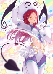  :o @_@ arm_up blurry blush bodysuit breasts cameltoe commentary_request cosplay cowboy_shot demon_tail demon_wings depth_of_field eyelashes female floating_hair foot_up gloves hair_behind_ear hair_ornament hairclip half_updo hand_on_headwear hand_up head_wings highres huziiro_matutya lala_satalin_deviluke lala_satalin_deviluke_(cosplay) light_particles long_hair love_live! multicolored_background navel necktie open_mouth parted_bangs red_hair red_necktie sakurauchi_riko shirt short_necktie simple_background small_breasts solo star_(symbol) tail to_love-ru torn_bodysuit torn_clothes tsurime white_bodysuit white_gloves white_shirt wings yellow_eyes 