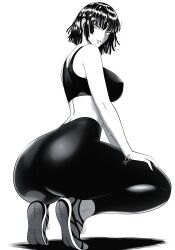  absurdres ass back black_hair black_leggings black_sports_bra blunt_bangs breasts eyebrows_hidden_by_hair from_side fubuki_(one-punch_man) full_body greyscale highres hime_cut large_breasts leggings looking_at_viewer monochrome mostlybluewyatt one-punch_man parted_lips partially_shaded_face shadow shoes short_hair simple_background sneakers sports_bra sportswear squatting sweat thighs white_background 