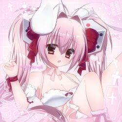  animal_ears bare_shoulders blush bow breasts choker cleavage commentary_request di_gi_charat dice dice_hair_ornament dress female hair_between_eyes hair_ornament hairbow highres long_hair nekoyuii open_mouth pink_hair rabbit_ears rabbit_girl red_eyes ribbon solo translation_request twintails usada_hikaru 