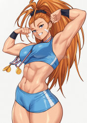  abs absurdres artist_name bandaid bandaid_on_cheek bandaid_on_face black_scrunchie blue_eyes blue_shorts blue_sports_bra breasts captain_mizuki commentary earrings english_commentary female flexing grin hair_ornament hair_scrunchie highres jewelry long_hair looking_at_viewer mandytsune medal medium_breasts one-punch_man orange_hair photo-referenced scrunchie short_shorts shorts simple_background smile solo sports_bra thick_thighs thighs twitter_username very_long_hair watermark 