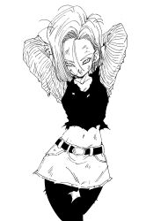  android android_18 arms_behind_head belt belt_buckle breasts buckle cleavage denim denim_skirt dirty dirty_clothes dirty_face dragon_ball dragon_ball_z earrings female fenyon greyscale highres horizontal-striped_sleeves jewelry looking_at_viewer messy_hair monochrome navel pantyhose scratches shirt short_hair single_earring skirt solo torn_clothes torn_pantyhose torn_shirt torn_skirt 