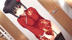  black_hair black_thighhighs blush breasts cafe_stella_to_shinigami_no_chou china_dress chinese_clothes covering_crotch covering_privates cowboy_shot curvy double_bun dress dress_tug dutch_angle embarrassed eyes_visible_through_hair female floral_print_dress flower game_cg garter_straps hair_between_eyes hair_bun hair_flower hair_ornament highres indoors large_breasts long_sleeves looking_to_the_side mole mole_under_eye muririn official_alternate_costume official_alternate_hairstyle official_art parted_lips red_dress red_flower shiki_natsume short_hair skindentation solo sweatdrop thighhighs tsurime wide_sleeves yellow_eyes 