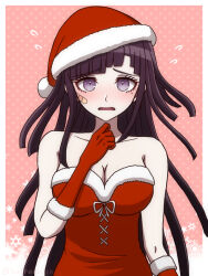  artist_name bandaid bandaid_on_cheek bandaid_on_face bare_shoulders black_hair breasts cleavage collarbone commentary_request danganronpa_(series) danganronpa_2:_goodbye_despair dress female flying_sweatdrops fur-trimmed_gloves fur-trimmed_headwear fur_trim gloves hat large_breasts long_hair mole mole_under_eye pink_background pink_eyes red_dress red_gloves red_hat santa_dress santa_hat solo suiren_yurei tsumiki_mikan twitter_username upper_body 