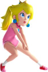  3d bare_shoulders blonde_hair blue_eyes blue_gemstone breasts brooch closed_mouth collared_shirt crown earrings female full_body gem hair_flaps highres jewelry legs lips lipstick long_hair looking_up makeup mario_&amp;_sonic_(series) mario_&amp;_sonic_at_the_rio_2016_olympic_games mario_(series) mini_crown official_art own_hands_together pink_lips pink_shirt pink_shorts pocket ponytail princess_peach princess_peach_(summer_sports) red_footwear red_gemstone serious shirt shoes short_shorts shorts sidelocks simple_background sleeveless sleeveless_shirt small_breasts socks solo thighs third-party_source v-shaped_eyebrows v_arms white_background white_socks white_trim yellow_crown 