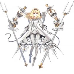  armor armored_boots armored_dress armored_gloves armored_legwear benghuai_xueyuan black_hairband blonde_hair boots closed_mouth dress extra_arms female full_body grey_dress hairband honkai_(series) long_hair nina_(benghuai_xueyuan) official_art polearm purple_eyes solo spear third-party_source transparent_background weapon 