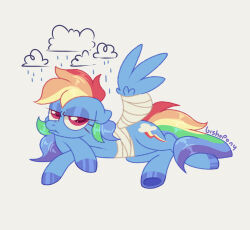  artist_name bandage bishopony bored cloud equid equine female friendship_is_magic hasbro hi_res horse looking_at_viewer mammal my_little_pony mythological_creature mythological_equine mythology pegasus pony rainbow_dash_(mlp) raining simple_background solo water wings 