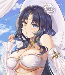  absurdres artist_name azur_lane bikini black_hair blue_eyes breasts cleavage commentary_request dated day detached_sleeves female flower hat heterochromia highres large_breasts long_hair long_sleeves looking_at_viewer official_alternate_costume roma_(azur_lane) roma_(vacation_upon_the_tiber)_(azur_lane) rose ruan_dao sky solo swimsuit upper_body white_bikini white_flower white_hat white_rose white_sleeves yellow_eyes 