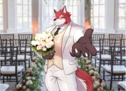  2022 absurd_res anthro black_necktie canid canine chair claws clothing diederich_olsen flower fox furniture gesture hand_gesture hi_res holidays kenzofong knights_college male mammal necktie plant solo solo_focus suit tail valentine&#039;s_day white_clothing white_flower white_suit 