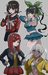  4girls alternate_hair_length alternate_hairstyle bikini bikini_top_only black_hair blue_eyes blunt_bangs blush brown_hair chabashira_tenko commentary danganronpa_(series) danganronpa_v3:_killing_harmony dark-skinned_female dark_skin eyelashes fighting_stance frilled_skirt frills green_eyes grey_background ha_(user_efmy3542) hair_between_eyes hands_on_own_hips happy harukawa_maki highres jacket jewelry long_hair looking_at_viewer mole mole_under_eye mole_under_mouth multiple_girls necklace open_clothes open_jacket open_mouth outline ponytail red_eyes red_hair red_skirt sailor_collar shell shell_necklace shiny_skin short_hair skirt smile swimsuit thighs twintails twirling_hair wavy_hair white_hair white_outline yonaga_angie yumeno_himiko 