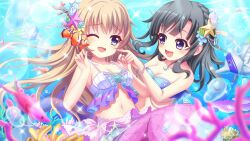  2girls :d air_bubble alternate_hairstyle aunt_and_niece bikini black_hair blue_bikini blue_eyes blue_flower blurry blurry_foreground braid breasts bubble cheek_poking cleavage clownfish collarbone coral_hair_ornament coral_reef cosplay crown_braid dot_nose film_grain fish fish_request flower game_cg hair_down hair_flower hair_ornament hands_up itsumura_haruka itsumura_yukari izumi_tsubasu lens_flare light_brown_hair long_hair medium_breasts medium_hair mermaid monster_girl multiple_girls navel non-web_source official_art one_eye_closed pink_scales poking re:stage! shell_hair_ornament smile sparkle starfish_hair_ornament strapless strapless_bikini swimsuit the_little_mermaid the_little_mermaid_(andersen) the_little_mermaid_(andersen)_(cosplay) underwater 