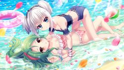  2girls all_fours alternate_hairstyle arm_cuffs ass bare_shoulders barefoot beach bikini blue_bikini blue_bracelet blue_eyes blue_hairband blue_ribbon bracelet breasts cleavage collarbone cowgirl_position dot_nose falling_petals film_grain floral_print frilled_bikini frills game_cg green_hair hairband izumi_tsubasu jewelry lens_flare long_hair looking_at_viewer lying medium_breasts multiple_girls nishidate_haku non-circular_lens_flare non-web_source official_art on_back on_ground orange_petals parted_lips petals pink_bikini pink_hairband pink_innertube pink_petals plaid_bikini plaid_clothes ponytail print_hairband print_innertube re:stage! ribbon shirokita_kuroha short_hair sidelocks small_breasts sparkle straddling strapless strapless_bikini sunlight swimsuit two_side_up white_bracelet white_hair wrist_ribbon yellow_eyes yellow_petals 