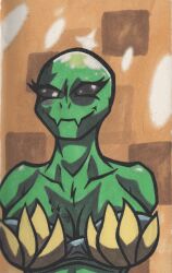  alien bald bald_female bald_head big_breasts black_eyes breasts colored elemental_creature female flora_fauna floran glistening glistening_head green_body green_skin hi_res humanoid marker_(artwork) markings mole_(marking) plant starbound traditional_media_(artwork) xemxemgulion 